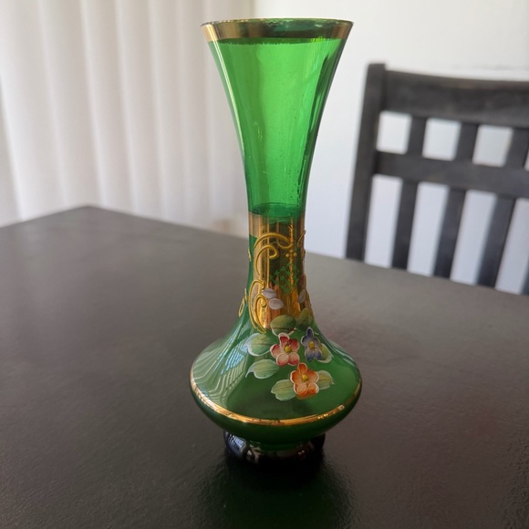 Vintage Emerald Green Glass Vase Gold Rim Hand Painted Flowers Czech Bohemian - Picture 10 of 14